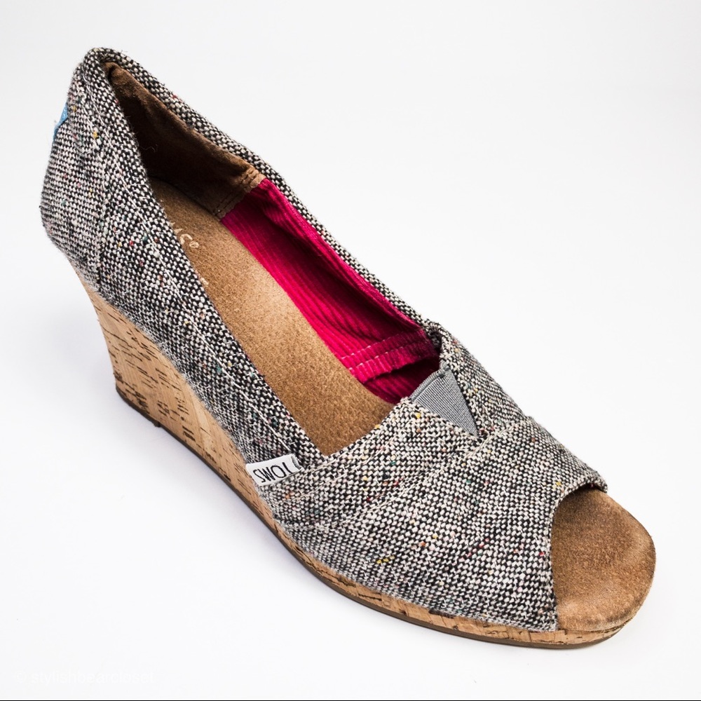 Toms PeepToe Textile Upper Cork Wedges - Picture 1 of 7